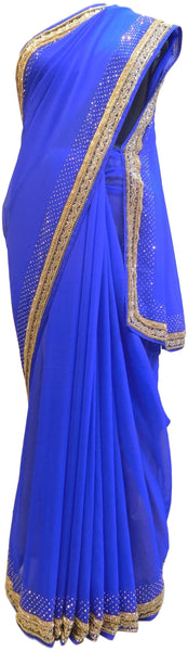 Blue Designer Georgette Hand Embroidery Cutdana Beads Stone Work Saree Sari
