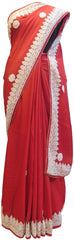 Red Designer Crepe (Chinon) Hand Embroidery Thread Stone Work Saree Sari