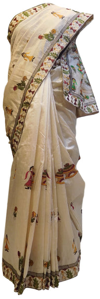 Cream Designer Silk Hand Embroidery Thread Zari Work Saree Sari