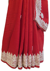 Red Designer Crepe (Chinon) Hand Embroidery Thread Stone Work Saree Sari