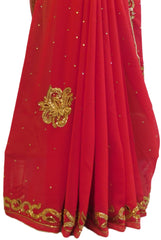 Red Designer Georgette Hand Embroidery Cutdana Thread Stone Work Saree Sari