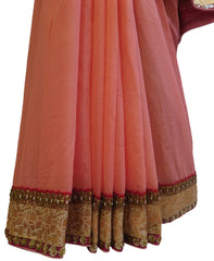 Pink Designer Georgette (Viscos) Hand Embroidery Zari Sequence Thread Work Saree Sari