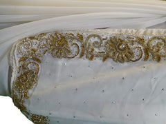 White Designer Gerogette (Synthetic) Hand Embroidery Stone Border Sari Saree