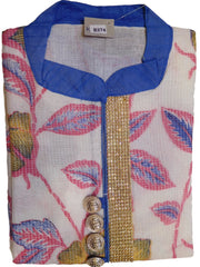 Blue White Designer Cotton (Supernet) Hand Embroidery Stone Work Floral Print Kurti Kurta