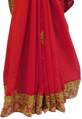 Red Designer Georgette Hand Embroidery Cutdana Thread Zari Stone Work Saree Sari