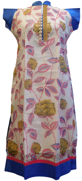 Blue White Designer Cotton (Supernet) Hand Embroidery Stone Work Floral Print Kurti Kurta