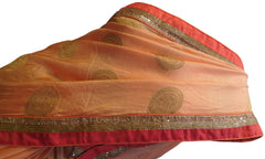 Peach Designer Silk & Crepe (Chinon) Hand Embroidery Zari Thread Bullion Pearl Cutdana Stone Work Saree Sari