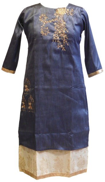 Navy Blue Designer Cotton (Chanderi) Kurti