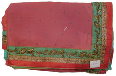 Gajari & Turquoise Pure Chiffon Hand Embroidery Work Saree Sari