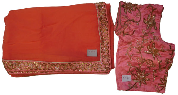 Orange Designer Georgette (Viscos) Hand Embroidery Cutdana Beads Work Saree Sari With Stylish Stitched Blouse