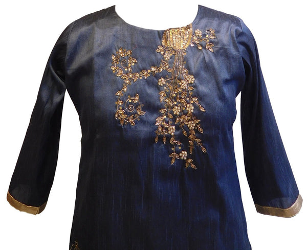 Navy Blue Designer Cotton (Chanderi) Kurti