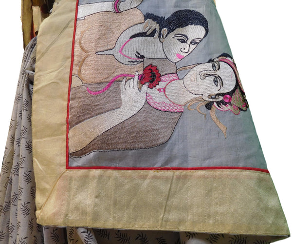 Brown Designer Pure Cotton Thread Embroidery Printed Sari Saree
