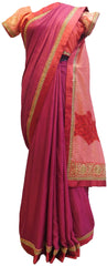 Pink & Wine Designer Georgette (Viscos) Hand Embroidery Zari Sequence Thread Stone Beads Work Saree Sari With Stylish Stitched Blouse