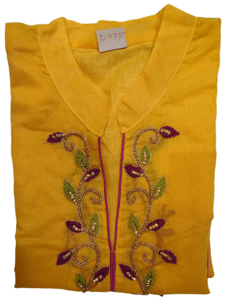 Yellow Designer Cotton (Chanderi) Hand Embroidery Zari Thread Stone Beads Work Kurti Kurta