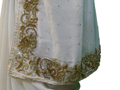 White Designer Gerogette (Synthetic) Hand Embroidery Stone Border Sari Saree
