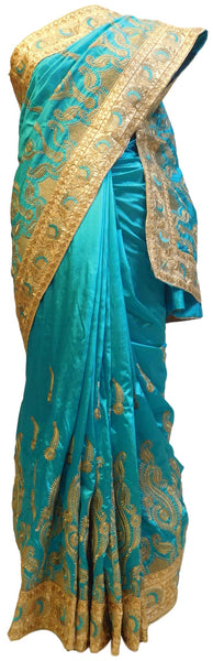 Turquoise Designer Silk Hand Embroidery Thread Zari Work Saree Sari