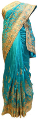 Turquoise Designer Silk Hand Embroidery Thread Zari Work Saree Sari