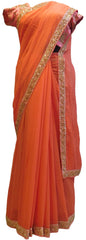 Orange Designer Georgette (Viscos) Hand Embroidery Cutdana Beads Work Saree Sari With Stylish Stitched Blouse