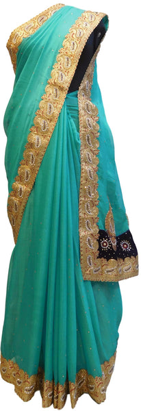 Turquoise Designer Georgette Hand Embroidery Zari Stone Work Saree Sari