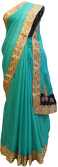 Turquoise Designer Georgette Hand Embroidery Zari Stone Work Saree Sari