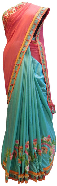 Gajari & Turquoise Designer Georgette (Viscos) & Silk Hand Embroidery Zari Thread Bullion Pearl Beads Stone Work Saree Sari