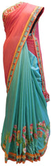 Gajari & Turquoise Designer Georgette (Viscos) & Silk Hand Embroidery Zari Thread Bullion Pearl Beads Stone Work Saree Sari