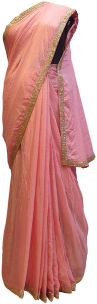 Baby Pink Designer Crepe (Chinon) Hand Embroidery Zari Cutdana Stone Work Saree Sari
