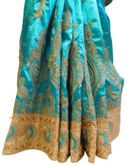 Turquoise Designer Silk Hand Embroidery Thread Zari Work Saree Sari