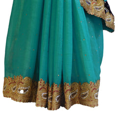Turquoise Designer Georgette Hand Embroidery Zari Stone Work Saree Sari