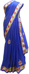 Blue Designer Georgette (Viscos) Hand Embroidery Thread Zari Stone Work Saree Sari