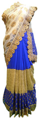Blue & Cream Designer Georgette Hand Embroidery Stone Border Sari Saree