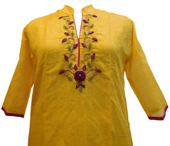 Yellow Designer Cotton (Chanderi) Hand Embroidery Zari Thread Stone Beads Work Kurti Kurta