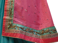 Gajari & Turquoise Pure Chiffon Hand Embroidery Work Saree Sari