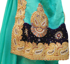 Turquoise Designer Georgette Hand Embroidery Zari Stone Work Saree Sari