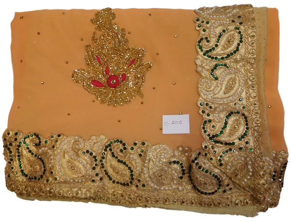 Peach & Cream Designer Georgette Hand Embroidery Zari Stone Cutdana Thread Work Saree Sari