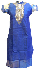 Blue White Designer Cotton (Chanderi) Kurti