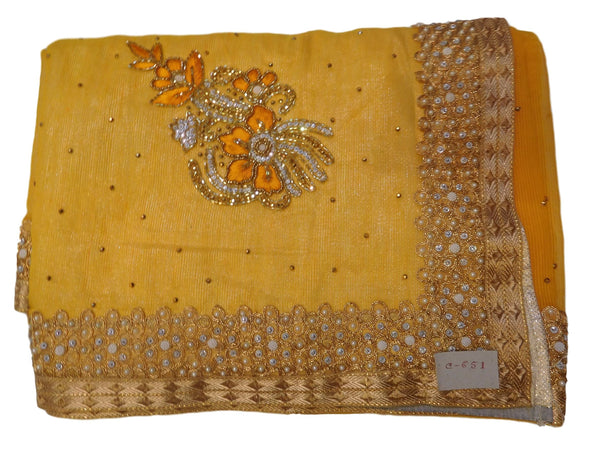 Yellow Designer Georgette Hand Embroidery Zari Pearl Thread Cutdana Stone Work Saree Sari