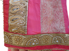 Pink & Cream Designer Georgette (Viscos) Hand Embroidery Zari Pearl Mirror Stone Work Saree Sari