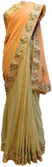 Peach & Cream Designer Georgette Hand Embroidery Zari Stone Cutdana Thread Work Saree Sari