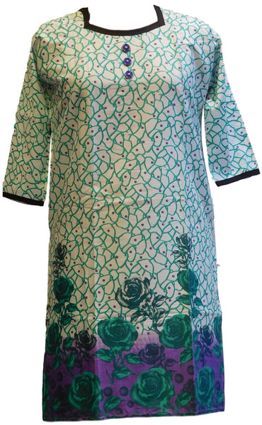 Green, White & Blue Designer Cotton (Chanderi) Printed Kurti