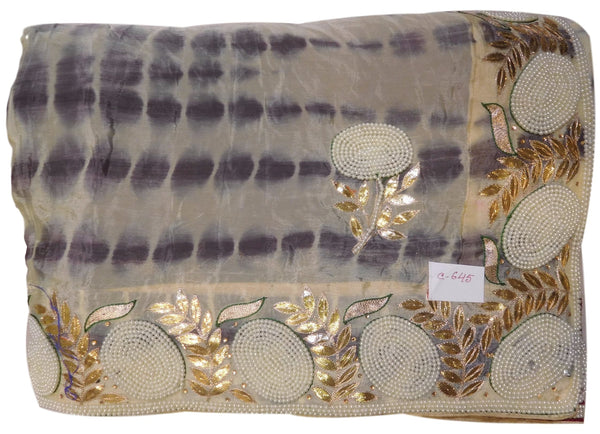 Beige Brown & Merron Designer Crepe (Chinon) Hand Embroidery Thread Pearl Zari Gota Stone Work Saree Sari