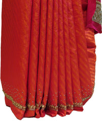 Pink & Orange Designer Silk Sari Stone Cutdana Hand Embroidery Work Saree