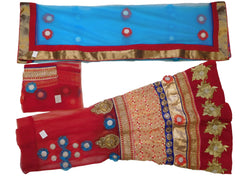 Red & Blue Designer Bridal Hand Embroidery Work Lahenga With Net Dupatta & Blouse