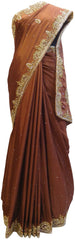 Coffee Brown Designer Crepe (Chinon) Hand Embroidery Cutdana Stone Work Saree Sari