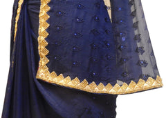 Blue Designer Pure Chiffon Hand Embroidery Thread Stone Work Saree Sari