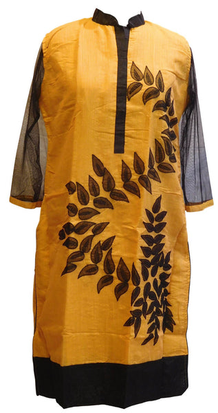 Yellow & Black Designer Cotton (Chanderi) Kurti With Georgette Sleeves