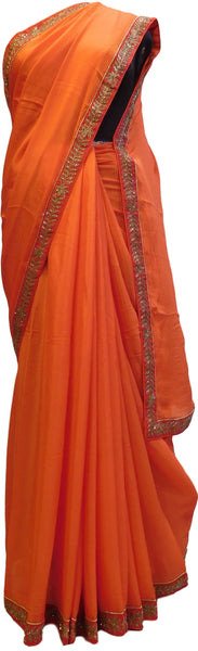 Orange Designer Crepe (Chinon) Hand Embroidery Cutdana Sequence Zari Work Saree Sari With Stylish Stitched Blouse