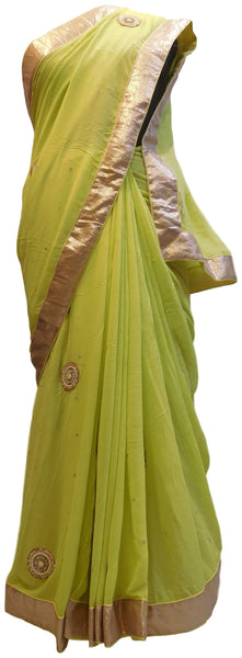 Mehndi Green Designer Georgette (Viscos) Hand Embroidery Pearl Beads Stone Bullion Sequence Work Saree Sari