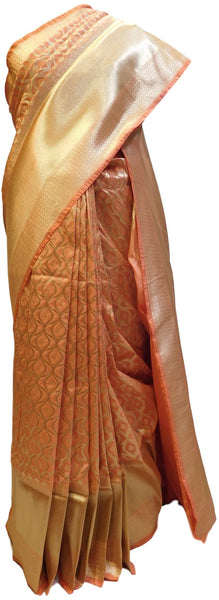Peach Traditional Designer Bridal Hand Weaven Pure Benarasi Zari Work Saree Sari With Blouse