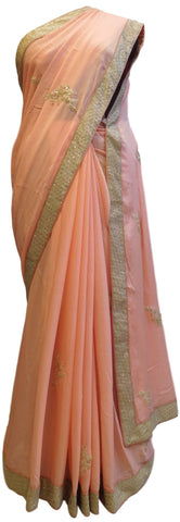 Baby Pink Designer Georgette (Viscos) Hand Embroidery Cutdana Sequence Thread Pearl Work Saree Sari